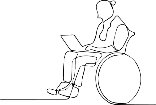 Man in wheelchair on laptop. Luke Radney Disability insurance claims, Social Security insurance claims Attorney, Dallas Fort Worth area