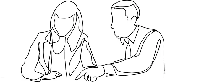 drawing of a woman a reading paper, while a man is pointing at the paper.