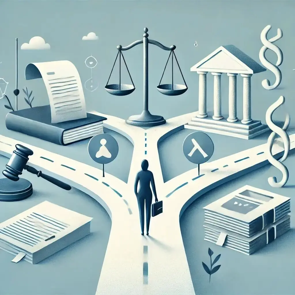 Person arrives at split path with legal options and synbols, including law books, a gavel, legal documents, and outside of courthouse